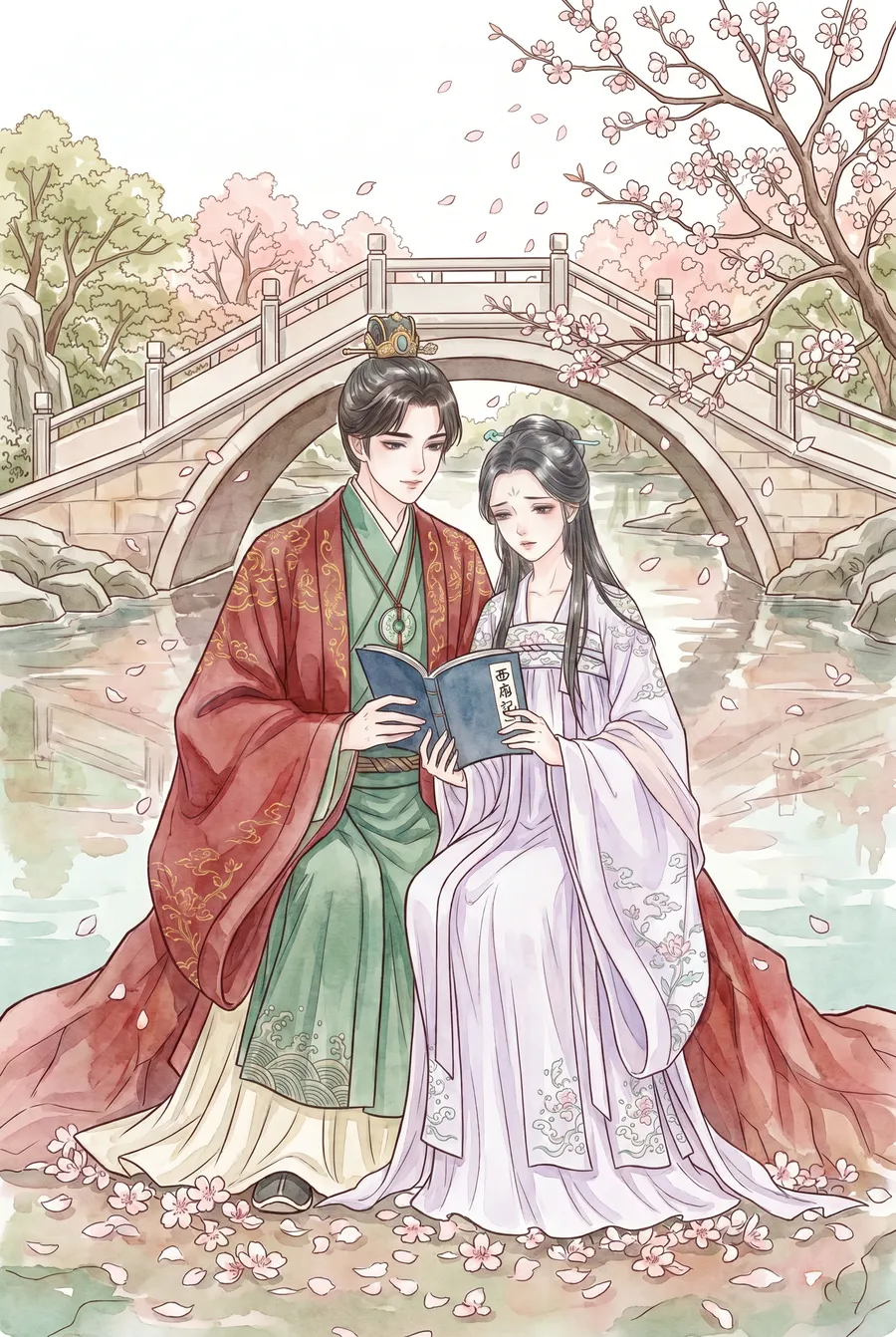 LitMemo comic art example — full-color panel of a Dream of the Red Chamber reading scene, classical style