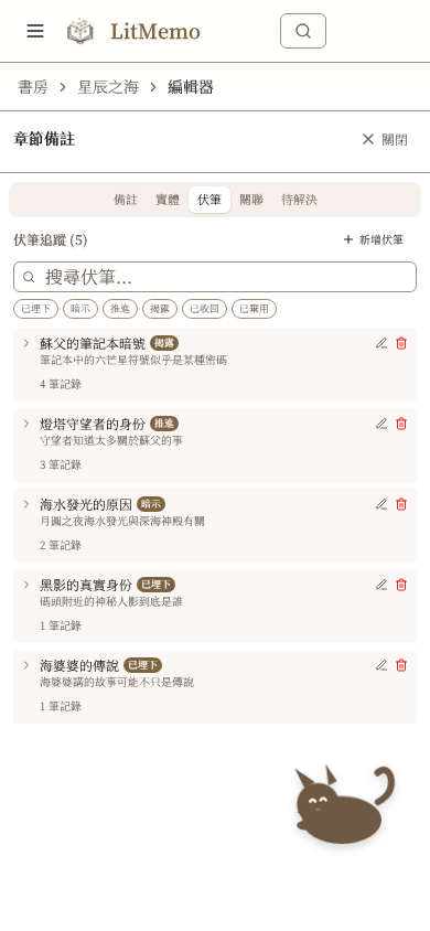 LitMemo 伏筆追蹤工具 — 從埋設到回收的完整管理功能畫面