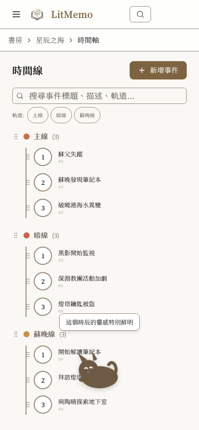 LitMemo 時間線工具 — 多軌道視覺化故事線管理功能畫面